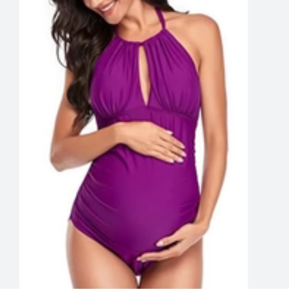 Maternity Purple Halter Neck One Piece Swimsuit